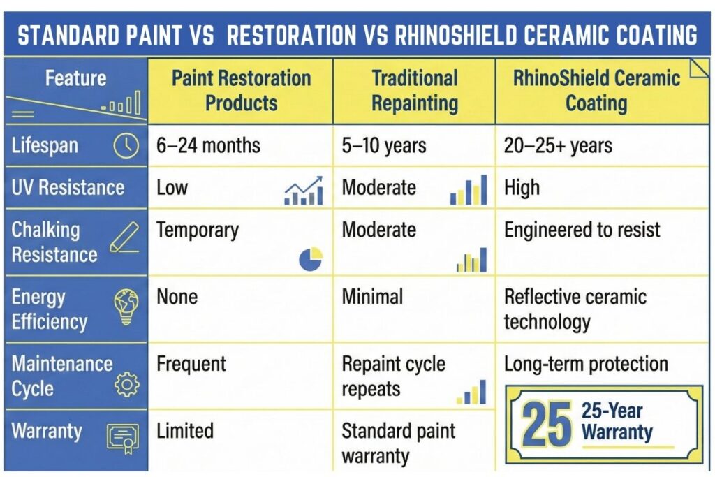 Infographic explaining standard paint vs restoration vs RhinoShield Ceramic Coating