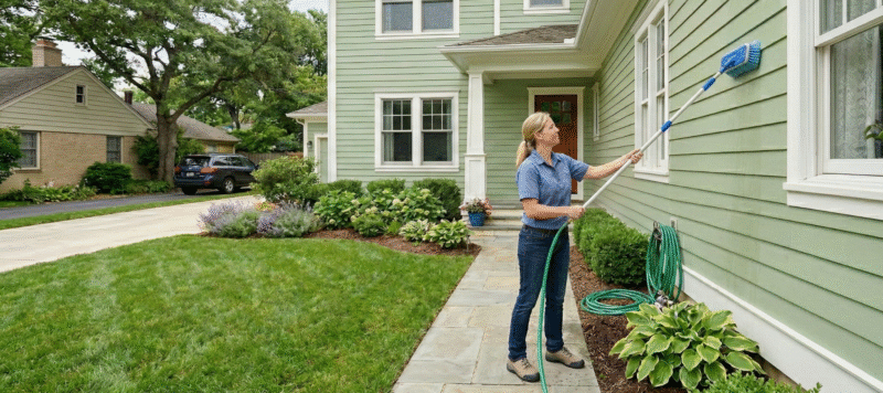 A woman wearing jeans and a blue shirt uses a long-handled brush and garden hose to wash the light green siding of a large, two-story house in San Antonio, Texas. The home has white trim, and the well-maintained lawn, garden beds, and driveway are visible under a partly cloudy sky. This image represents routine house cleaning and preventative maintenance for a home in the San Antonio area.